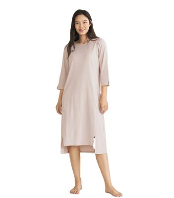 China Light Pink Anti-Static Women's Rib Knitted Long Sleeve Dresses Loungewear Comfortable Casual Modal Sleepwear for sale