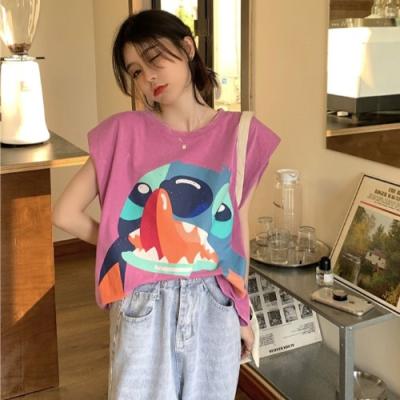 China 100% Cotton Women Cartoon Print Casual Soft Cute Sleeveless 100% Wide Shoulder Padded T-Shirts for sale