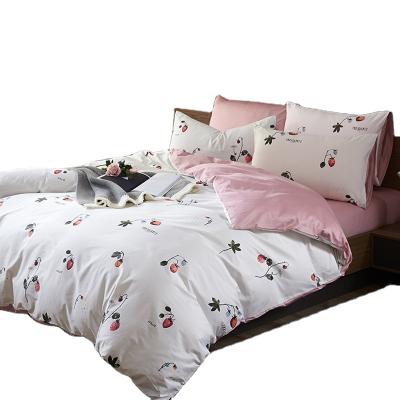 China Disposable cotton home bedding 4 pieces set with duvet cover, (fit) sheet and 2 pink and white pillow cases for sale