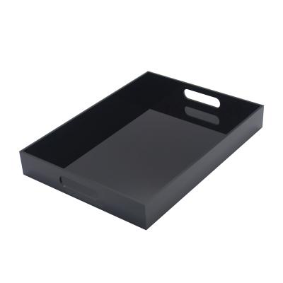 China Custom Size Breakfast Tray Rectangular Tray Glossy Black Acrylic Service Tray with Handle for Hotel and Restaurant for sale