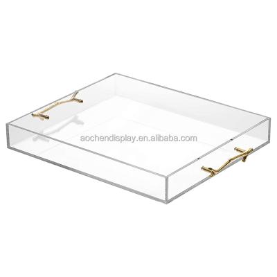 China Home.Restaurant.Bar.Hotel.Wedding. Super Markets Promotion Display Tray Design Restaurant Acrylic Service Tray Clear Food Breakfast Tray with Gold Branch Shape Handle for sale