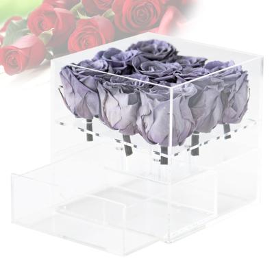 China Clear Acrylic Rose Box Wholesale Acrylic Cube Flower Box In Flower Packaging Box With Makeup Tool Drawer for sale