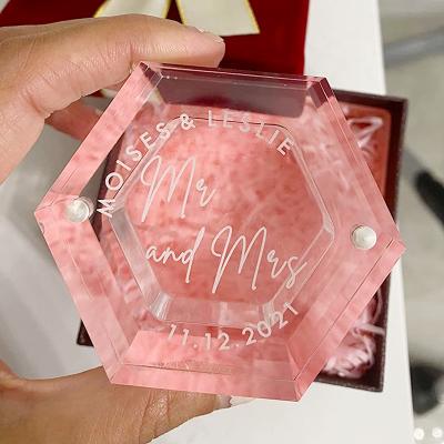 China Factory Custom Hexagon Ring Box Engraved Wedding Ring Bearer Box Engagement Acrylic Ring Magnetic Boxes Gift.Jewelry.Marriage Proposal for sale