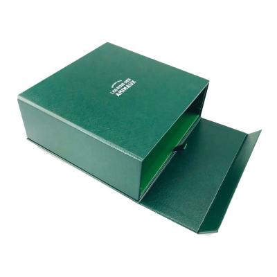 China Recycled Materials Green Leatherette Paper Gift Boxes With Interior Drawer Gift Boxes With Magnetic Lid for sale