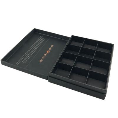 China Recycled Materials Hinged Clamshell Black 12PCS Dark Chocolate Box With Paper Compartment for sale