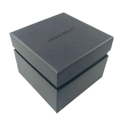 China Recycled Materials OEM Rigid Material Matte Black Lid And Base Watch Box With Cushion And Stamped Logo for sale