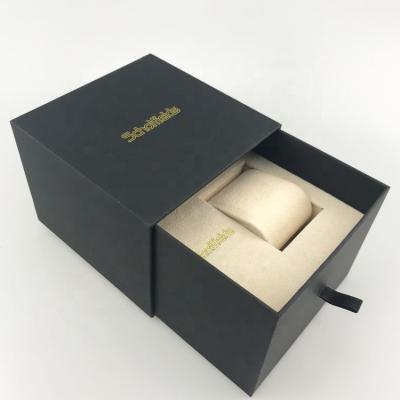 China Recycled Materials Soft Touch Drawer Edge Black Paper Watch Box With Inlay And Velvet Pillow Watch Packaging for sale