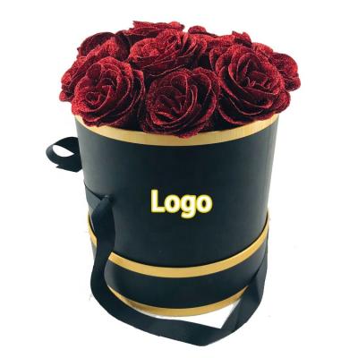 China Degradable Recycled Materials Paper Pattern Bucket Flower Embossing Box With Ribbon Handle And Bowknot for sale