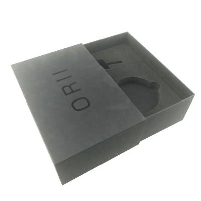 China Recycled Materials Logo Glossy Black Cardboard Drawer Box Soft Touch Drawer Paper Packaging With Pull Out Hole And Tray for sale