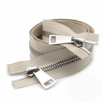 China Double Sliders Custom 60cm Metal Zipper Teeth Copper Metal Double Open Zipper 5 White Double Sliders No. For Handbag for sale