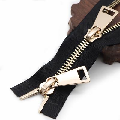 China Open End 60cm Double Sliders 5# 8# Metal Zipper Black Metal Rose Gold Double Headed Zipper For Bags for sale