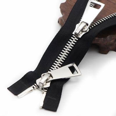 China Number 5 Double Sliders Custom Metal Zipper Black Silver Black 60cm Pointed Zipper And Ends For Jackets for sale