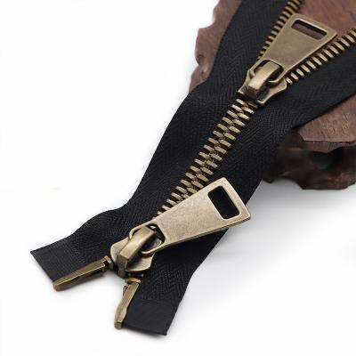 China Wholesale Double Sliders Metal Zipper 5#8# Black Metal Bronze Double Headed Two Way Zipper Open End Metal Zipper For Clothing Bags for sale