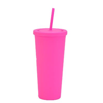 China Sustainable Double-layer Tumbler Straw Cup 24OZ Plastic Coffee Cup Large Capacity Conical Water Cup Frosted Hand Cup for sale