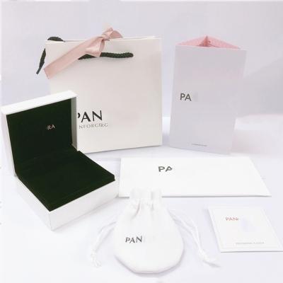 China Five Piece Suit White Paper Packing Box For Pandorae Jewelry Box With Hand Held Paper Bag, Velvet Cloth Bag, Silver Cloth for sale