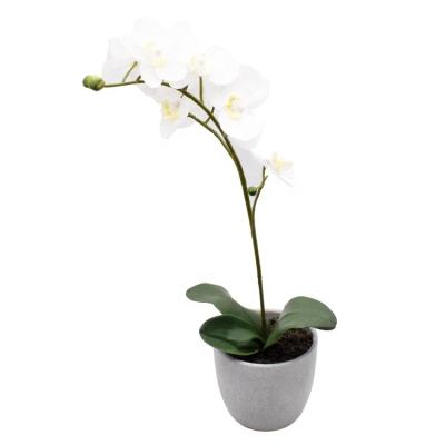 China Simulation level artificial silk flower high stem potting in paper pot, natural looking phalaenopsis flowers and greens, handmade flower arrangement for sale