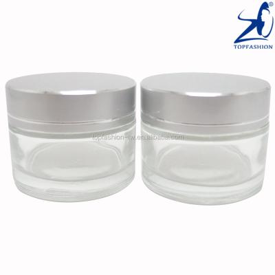 China Wide Mouth Jar 6pcs Skin Care 50ml Lotion Cream Glass Cosmetic Empty Clear Cream Jar With Matt Silver Aluminum Lid for sale