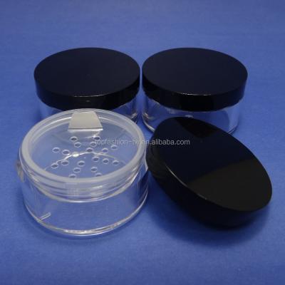 China Cosmetic Jar 3 Pcs Made In Taiwan Plastic Sample Packaging With Black Lid Strainer Loose Powder Jar Cosmetic Container 30g for sale