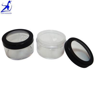 China Storage Window Black Rim Clear Acrylic Cap Loose Cosmetic Powder Container With Plastic Rotating Sieve for sale