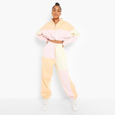 China Breathable Pink Color Custom Block Women's Two Piece Track Sweat Suits Zipper Crop Top Jacket And Pants Sets Half Zipper Tracksuit For Women for sale