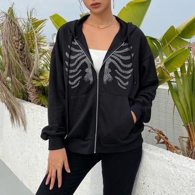 China autumn streetwear women's custom cool skeleton rhinestone thick black cotton Anti-wrinkle zip up hoodie outfits for women for sale