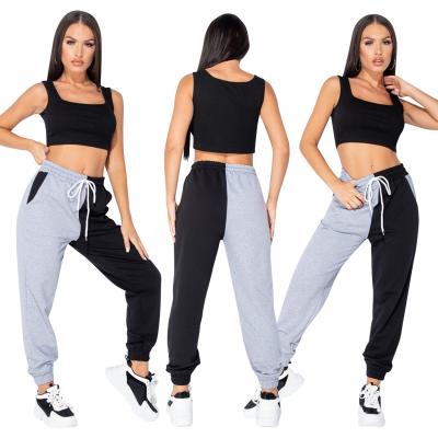 China Summer Two Toned Jogger Pants Women 2 Color Calf Cotton Length Anti-pilling Patchwork High Quality Soft Sweatpants Women for sale