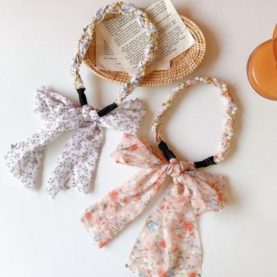 China Cozy Soft Floral French Silk Hair Band Scarf Headband Pearl Hair Tie Headband Female Hair Tie Hairpin for sale