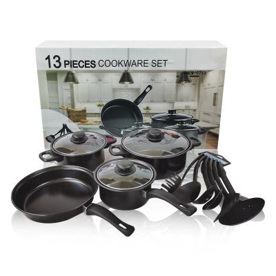 China Viable Wholesale Cheap Cookware Sets 13pcs Cooking Cook Pot Non Stick Black Set With Glass Lid Iron Cookware Sets for sale