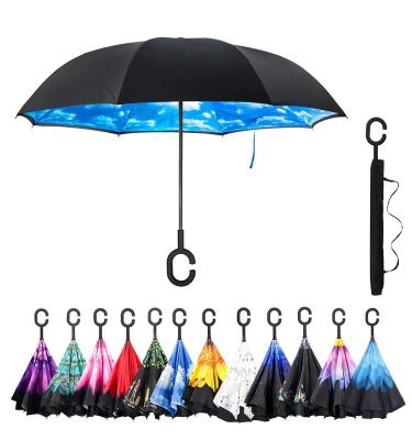 China Wholesale Used Outdoor Double Layer Car Upside Down Umbrella C Handle Inverted Reverse Umbrella for sale