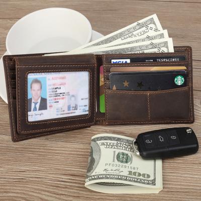 China 2022 Real RFID Vintage Cowhide Full Grain Crazy Logo Cowhide Full Grain Crazy Horse Leather Wallet Hot Sale Genuine Leather Men's Money Genuine Leather Clip for sale