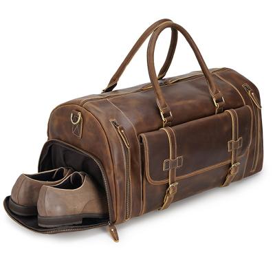 China Crazy Horse TIDING Vintage TIDING Large Men's Weekender Grain Overnight Bag Leather Top Travel Duffel Bag With Shoe Compartment for sale