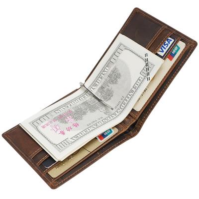 China Free Sample Custom Genuine Leather Brown Wallet Men Bifold Wallet Anti Theft With Cash Money Clip For Men for sale