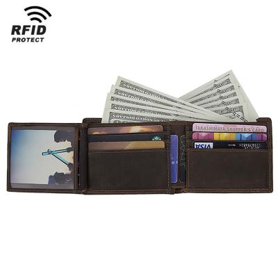 China Full Grain Tiding RFID Free Sample Vintage High End Male Brown Cowhide Genuine Leather Bifold Wallet 2 RFID Bifold Window for sale