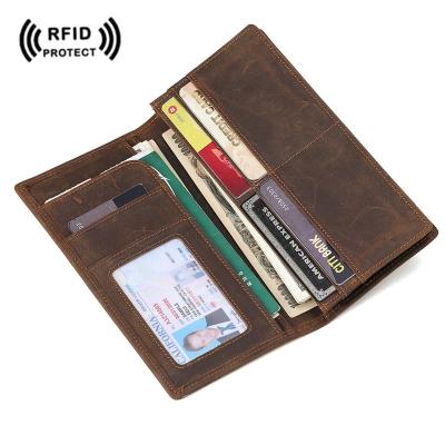 China Custom Genuine Leather Men's Vintage RFID Tiding Protection Blocking Slim Leather Wallet Long Wallet for sale