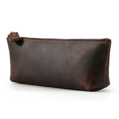 China Tiding Travel Vintage Real Brown Leather Cosmetic Bag Makeup Leather Pencil Bag For Wholesale for sale