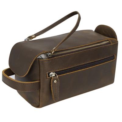 China Vintage New Arrival Double Zipper Crazy Horse Bathroom Dopp Bag Leather Travel Make Up Genuine Leather Toiletry Bag Cosmetic Bag For Man for sale