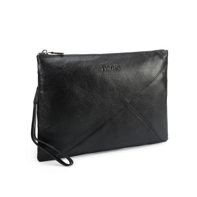 China Custom Tiding Logo Soft Large Genuine Leather Black Wrist Bag Man Envelope Clutch Bag Large Capacity for sale