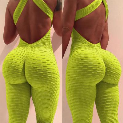 China 2021 Women Breathable Backless Yoga Fitness Clothing Pants Jacquard Pattern Booty Women One Piece Overalls for sale