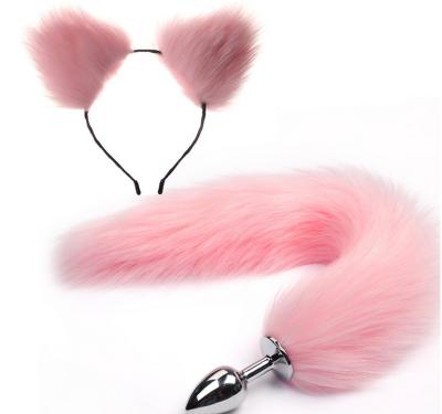 China Adult Anal Plug 2 Pcs/Set Pink Short Ears Headband Cosplay Plush Butt Expander Anal Plug Tail for sale