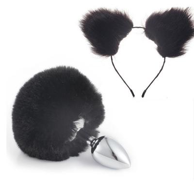 China Plush Cosplay Fox Ears Headband Bunny Anal Butt Plug Tail Black Short Expander Set Hb-002 for sale