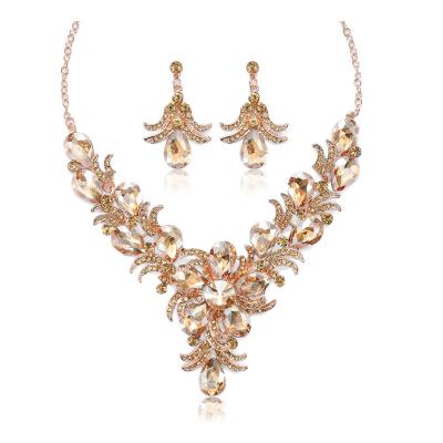 China Austrian Bridal Wedding Crystal Cluster Leaf Teardrop Statement Vintage Drop Shipping Women's Bridesmaid Y Necklace Dangle Earrings Set for sale