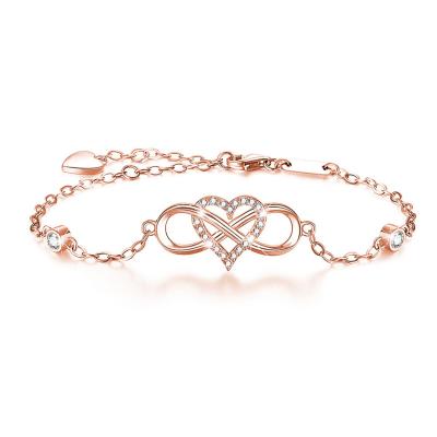 China Romantic Drop Shipping 925 Sterling Silver Infinity Chain Double Heart Bracelet Infinity Symbol Heart Zircon Diamond Bracelet For Girls for sale