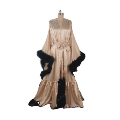 China Breathable Marabou Long Sleeve Satin Robe Long Sleeve Homecoming Wedding Gift Boudoir Pajamas for sale