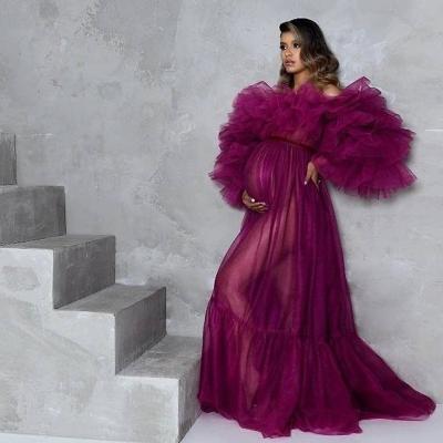 China Maternity Photoshoot Breathable Tulle Long Sleeve Dresses Sexy Bridal Fluffy Sleepwear Bathrobe Birthday Pleats Robe for sale