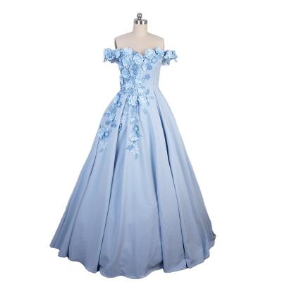 China Viable Sky Blue Off The Shoulder Floral Prom Dress Dance Dress With Lace Back 3D Flower Lace Factory Custom Made for sale