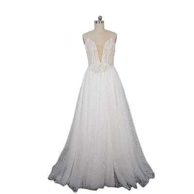 China Breathable Spaghetti Tie Shinny Sparkle Wedding Dress A Line Plunging Neckline Luxury Bridal Dress New for sale