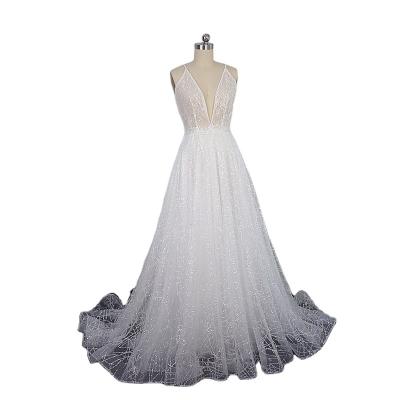 China Breathable Sparkle Tulle Plunging Neckline Wedding Dress A Line Low Back Shinny Sequin Bridal Gown Style The New for sale