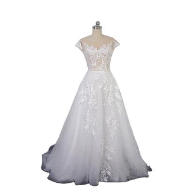 China Breathable Short Sleeve Wedding Dress Illusion Neckline Sequin Layer Lace Appliqued Wedding Dress for sale