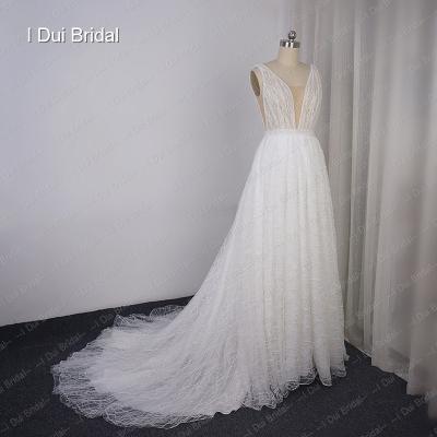 China Shinny Neckline Wedding Dress Breathable Plunging Lace Custom Made Wedding Dress Factory for sale