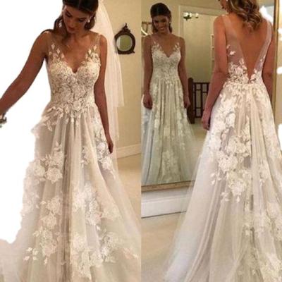 China Breathable Low Back Fairy Wedding Dress 2022 Appliques Floral Illusion Lace Boho Wedding Dress A Line for sale